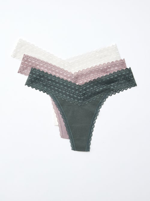 Pack of 3 cotton and lace thongs - Kiabi