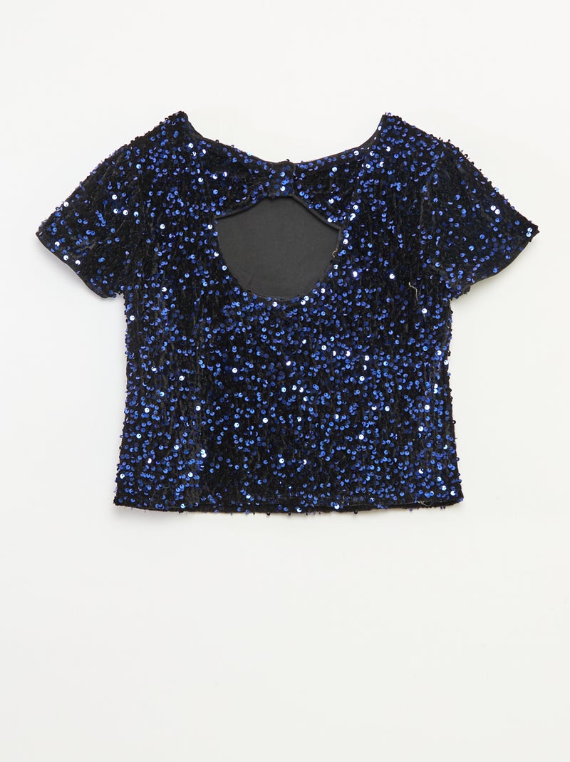 Pailletten-Samt-T-Shirt Blau - Kiabi