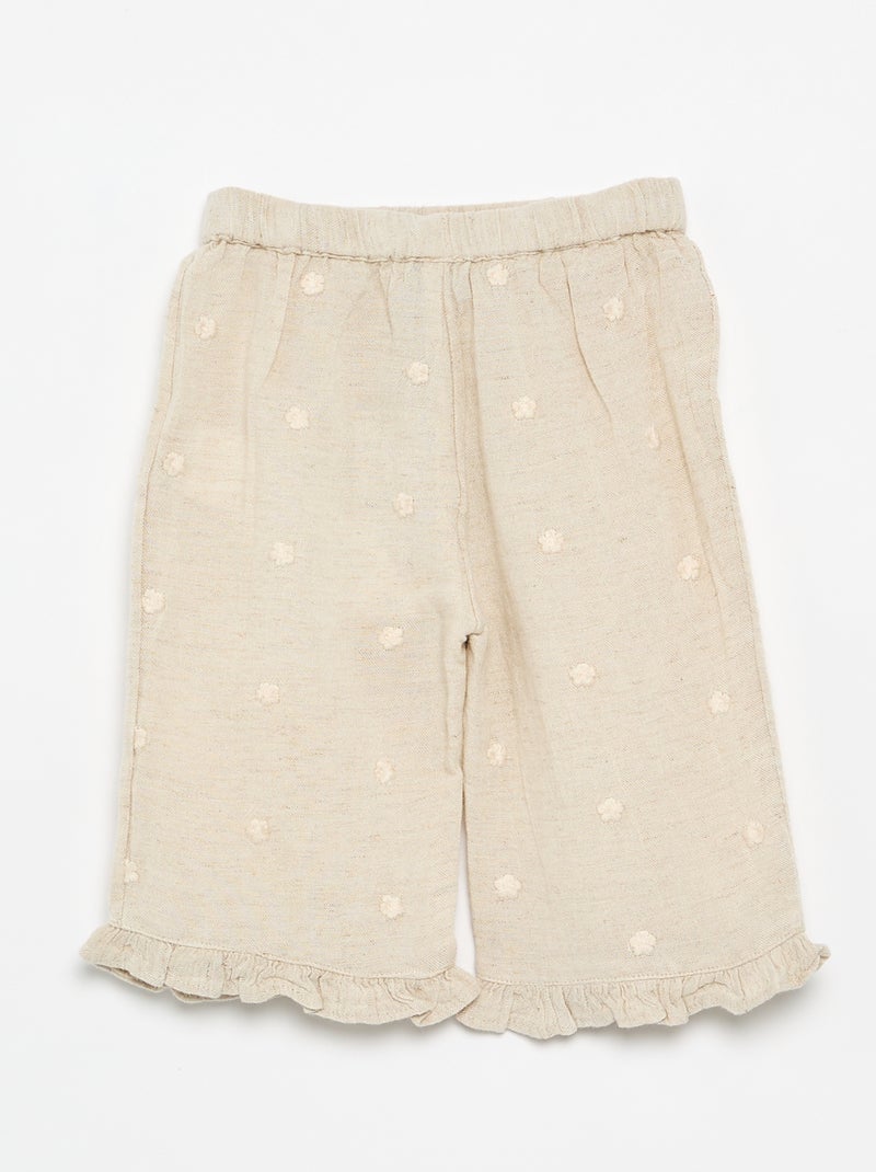 Pantalon avec broderies fleurs Beige - Kiabi