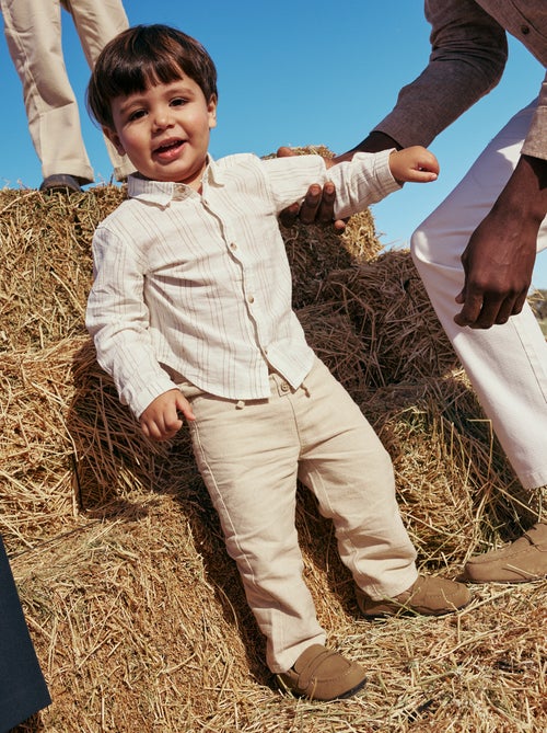 Pantalon beige uni en lin mélangé - Kiabi