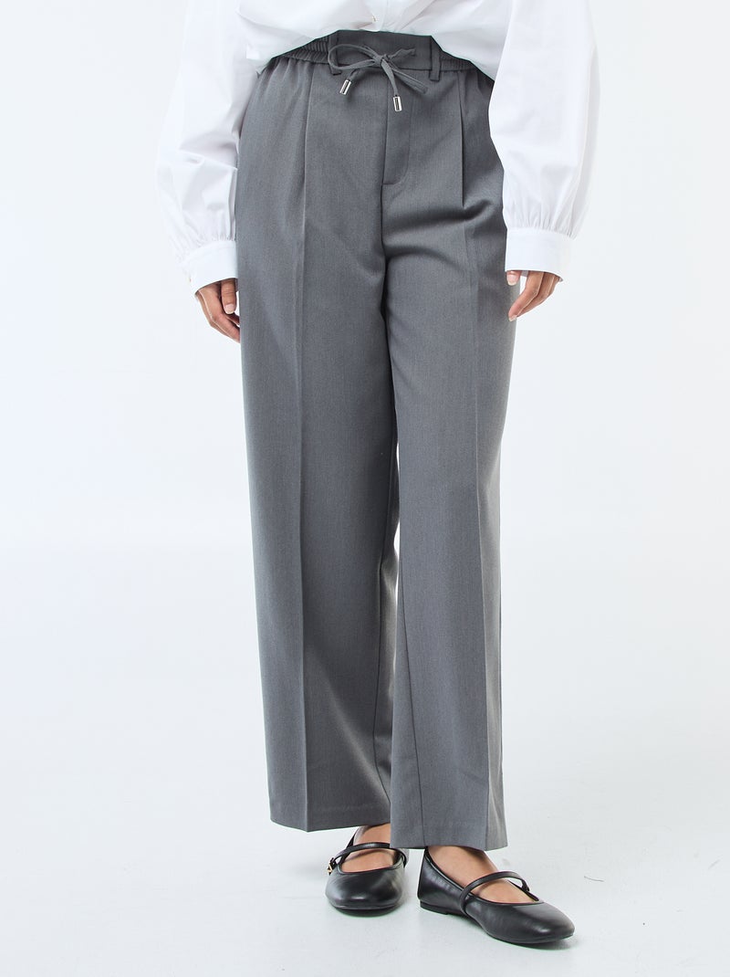 Pantalon coupe large à la taille élastiquée + liens à nouer Gris - Kiabi