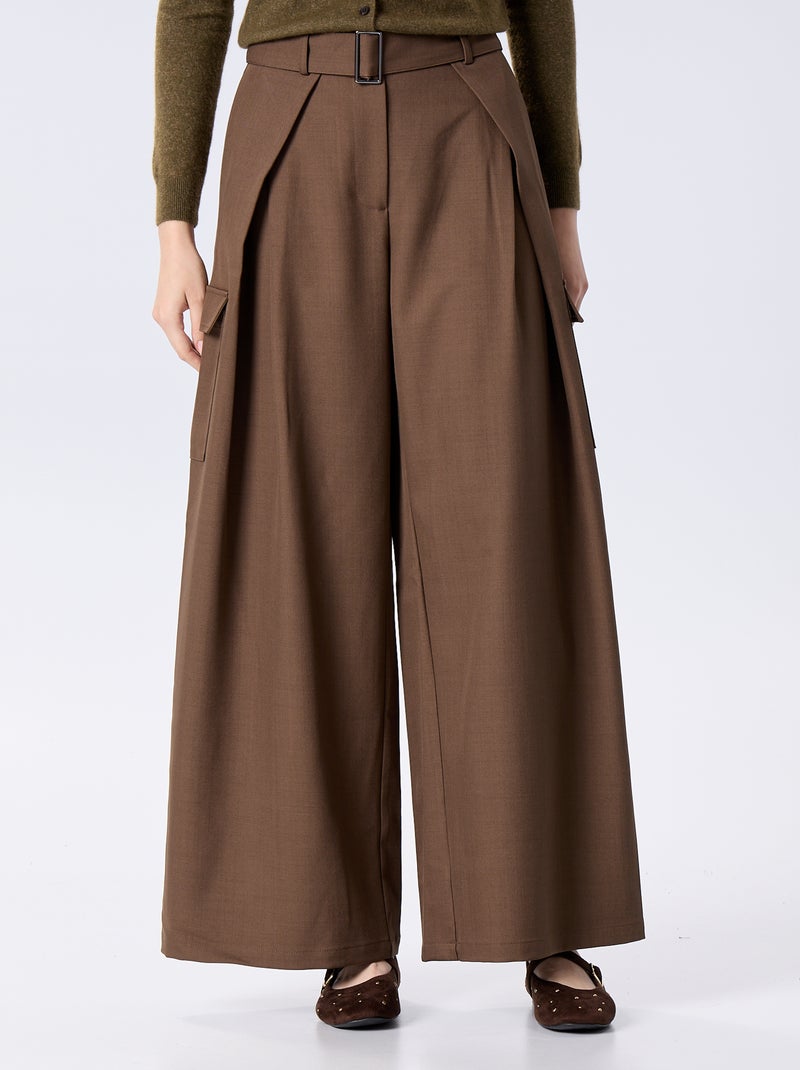 Pantalon coupe large taille haute avec poches à rabat Marron - Kiabi