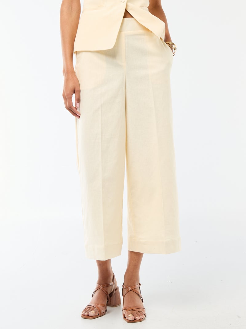 Pantalon culotte large en lin mélangé Beige - Kiabi