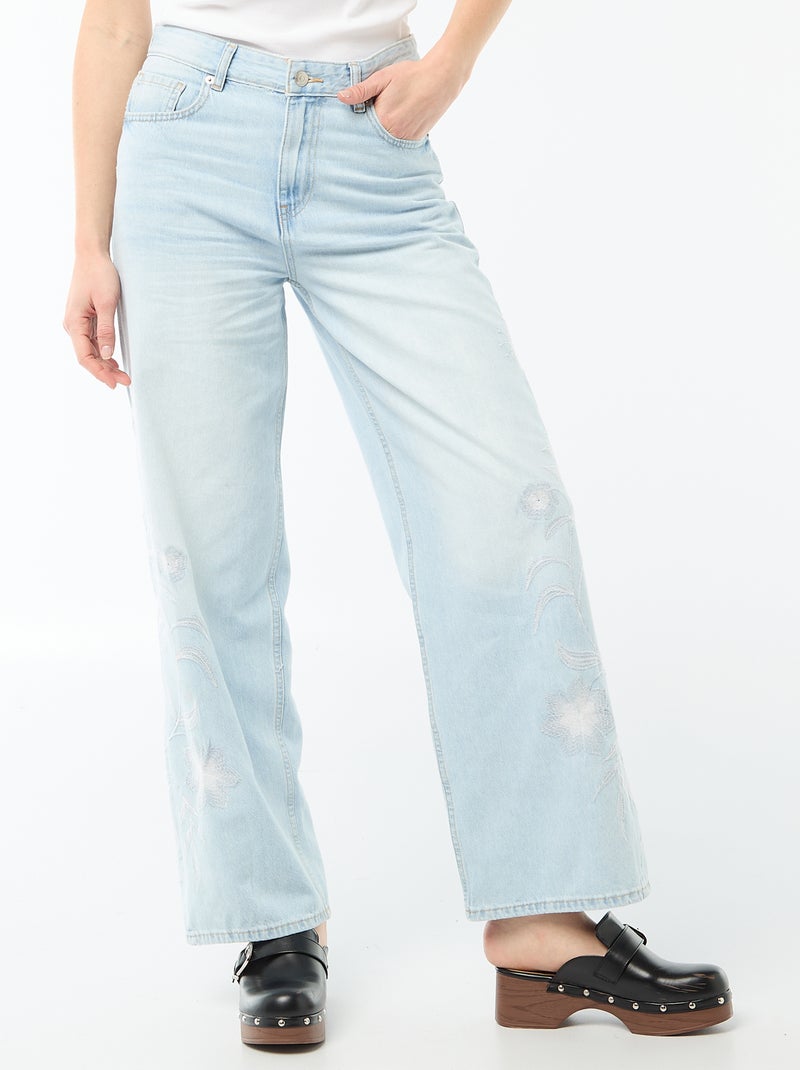Pantalon denim wide leg avec broderies Bleu - Kiabi