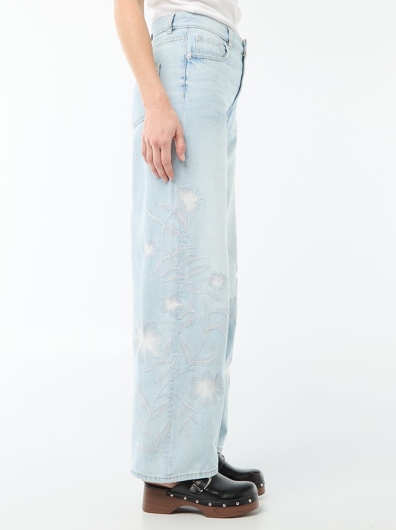 Pantalon denim wide leg avec broderies Bleu - Kiabi
