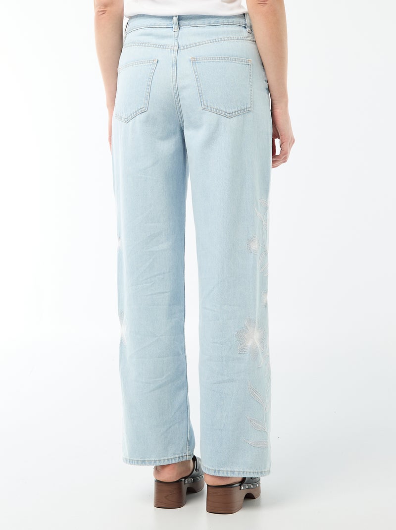 Pantalon denim wide leg avec broderies Bleu - Kiabi