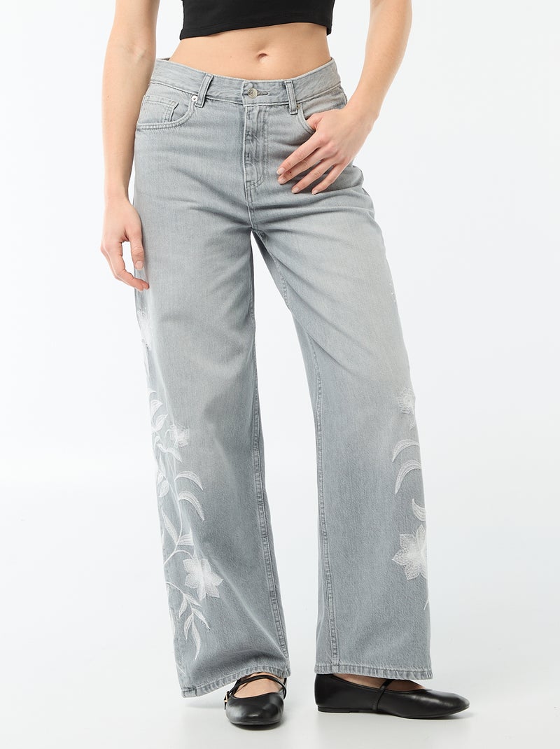 Pantalon denim wide leg avec broderies Gris - Kiabi