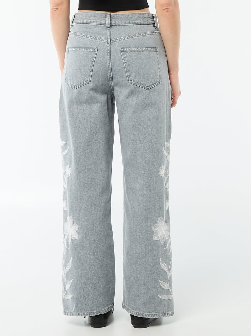 Pantalon denim wide leg avec broderies Gris - Kiabi