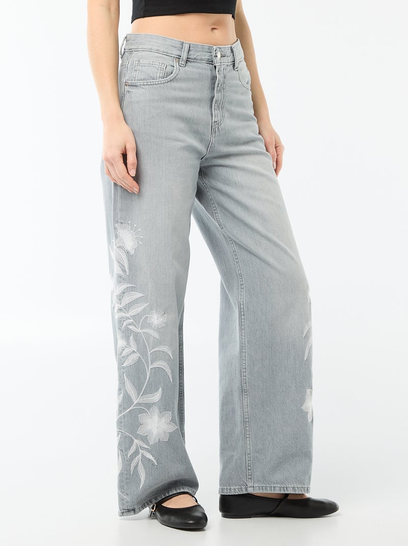 Pantalon denim wide leg avec broderies Gris - Kiabi