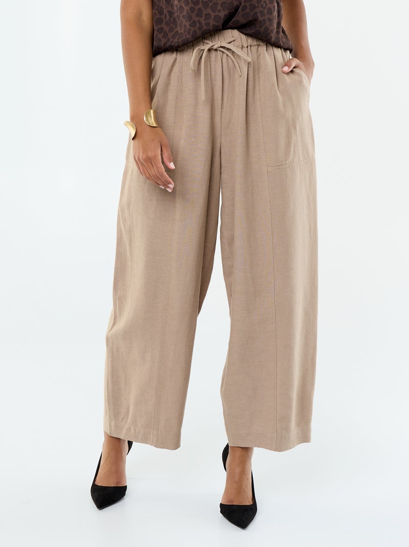 Pantalon en lin femme coupe large taille haute Marron - Kiabi