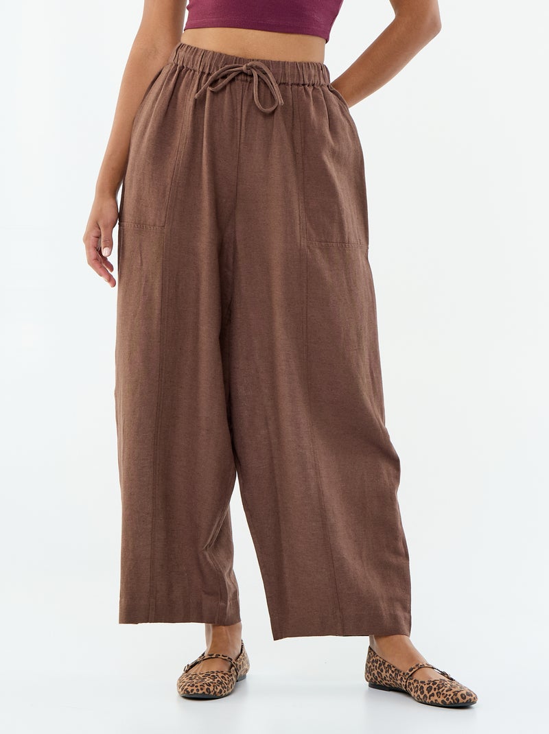 Pantalon en lin femme taille haute forme barrel Marron - Kiabi
