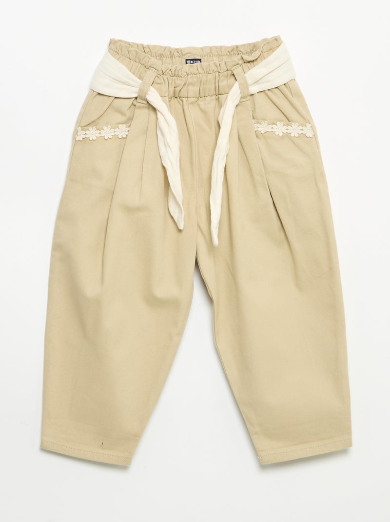 Pantalon en twill + ceinture à nouer Beige - Kiabi