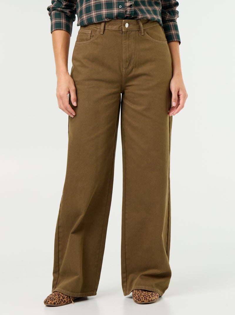 Pantalon en twill taille haute coupe wide leg Kaki - Kiabi