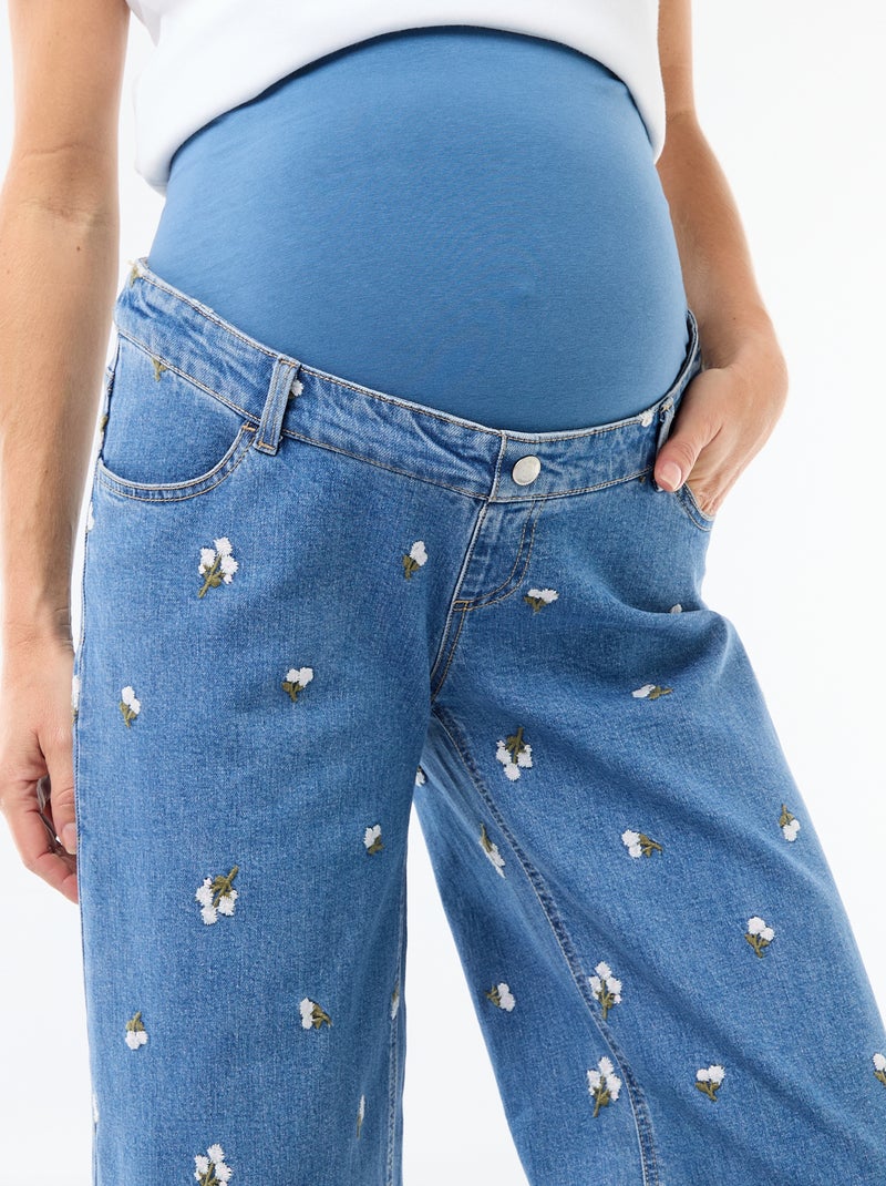 Pantalon grossesse avec ceinture stretch et motif brodé Bleu - Kiabi