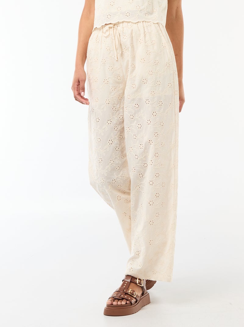 Pantalon large à broderie anglaise en coton uni Beige - Kiabi