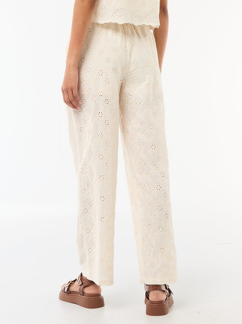 Pantalon large à broderie anglaise en coton uni Beige - Kiabi