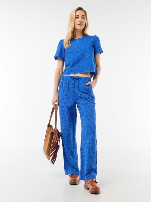 Pantalon large à broderie anglaise en coton uni - Kiabi