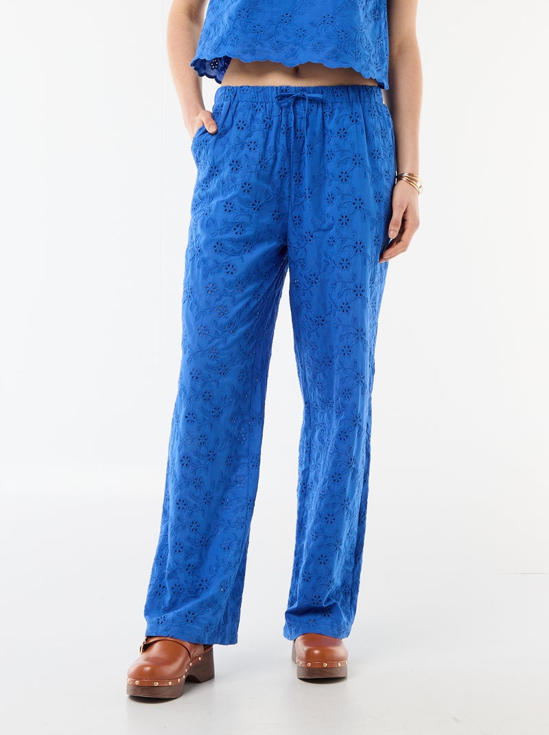 Pantalon large à broderie anglaise en coton uni Bleu - Kiabi