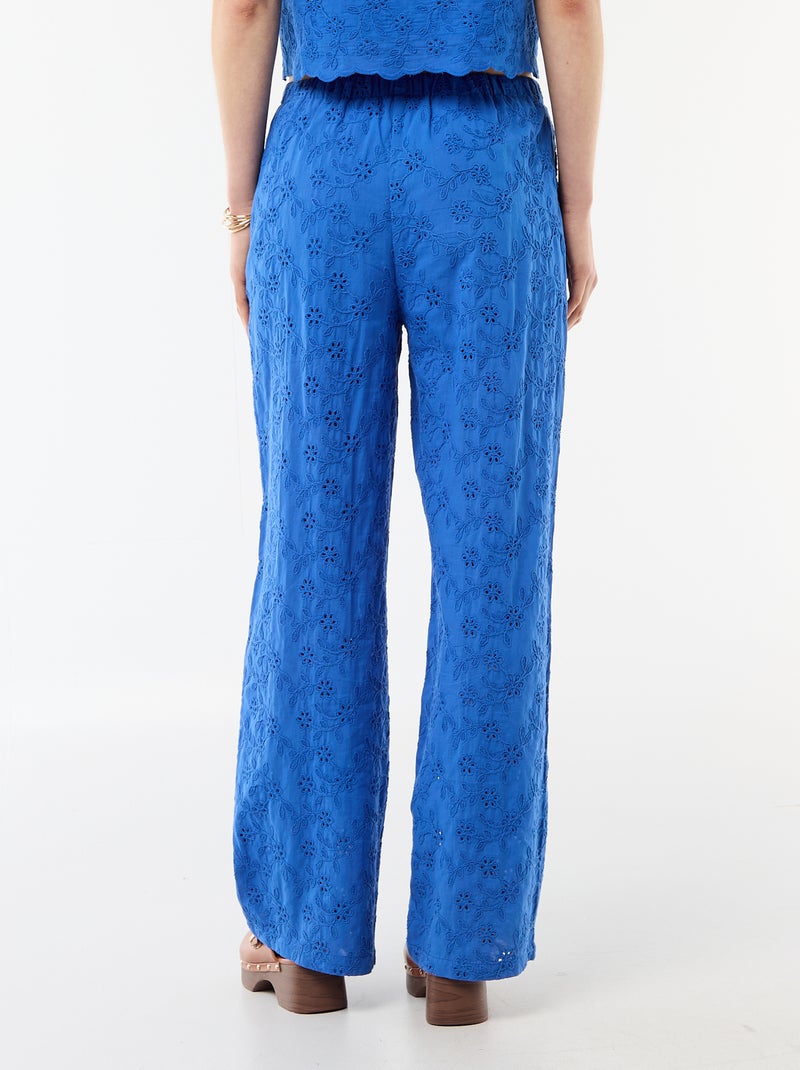 Pantalon large à broderie anglaise en coton uni Bleu - Kiabi