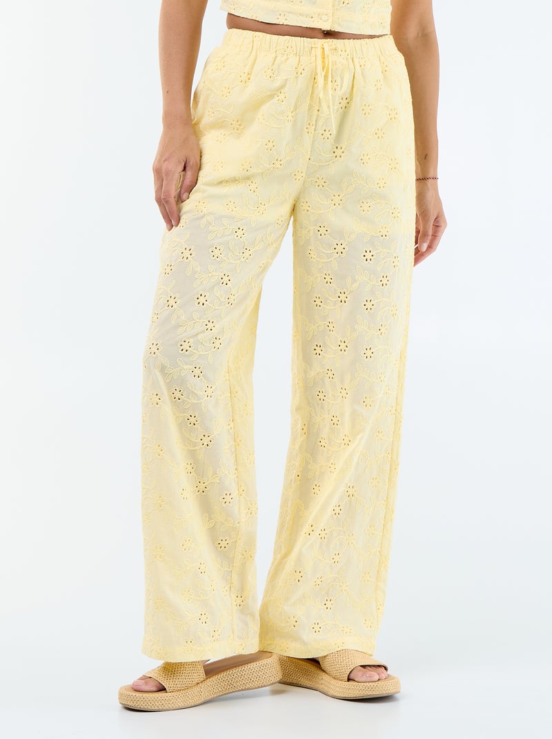 Pantalon large à broderie anglaise en coton uni Jaune - Kiabi