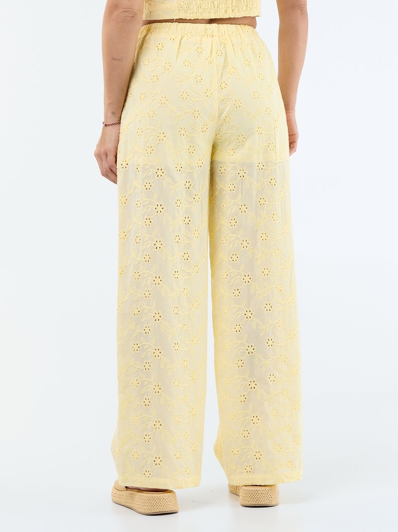 Pantalon large à broderie anglaise en coton uni Jaune - Kiabi