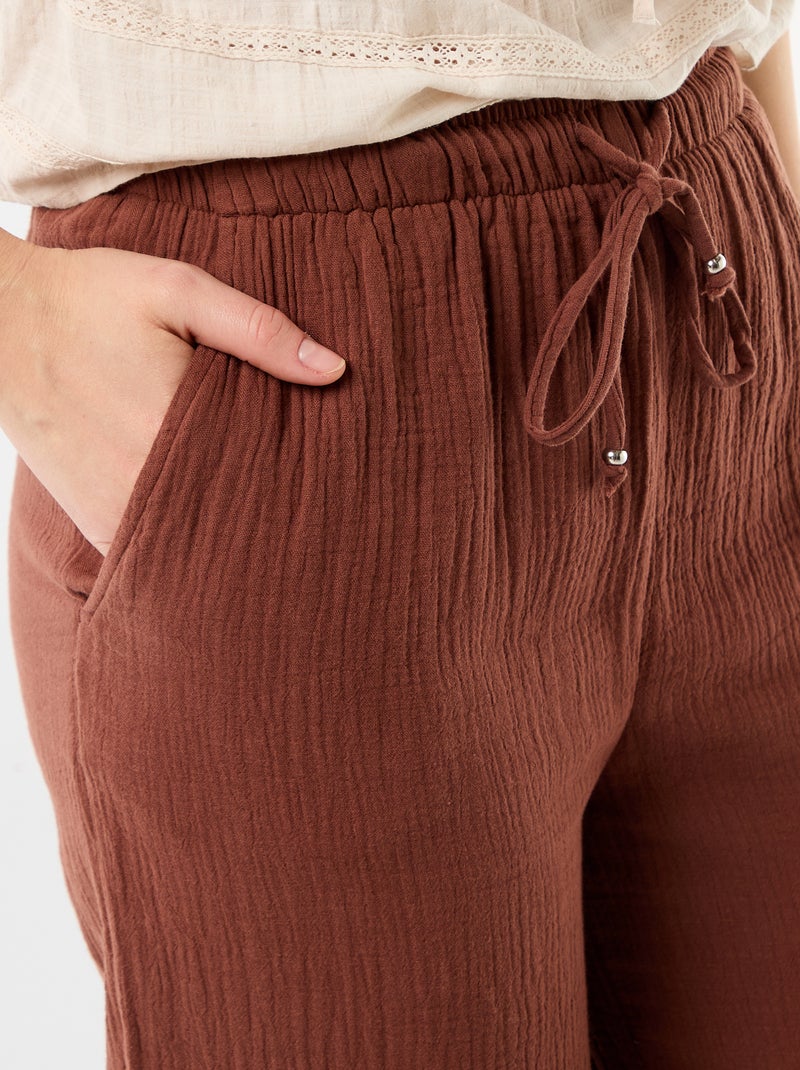 Pantalon large en gaze de coton femme Marron - Kiabi