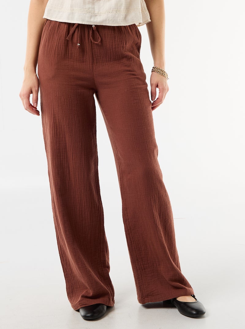 Pantalon large en gaze de coton Marron - Kiabi