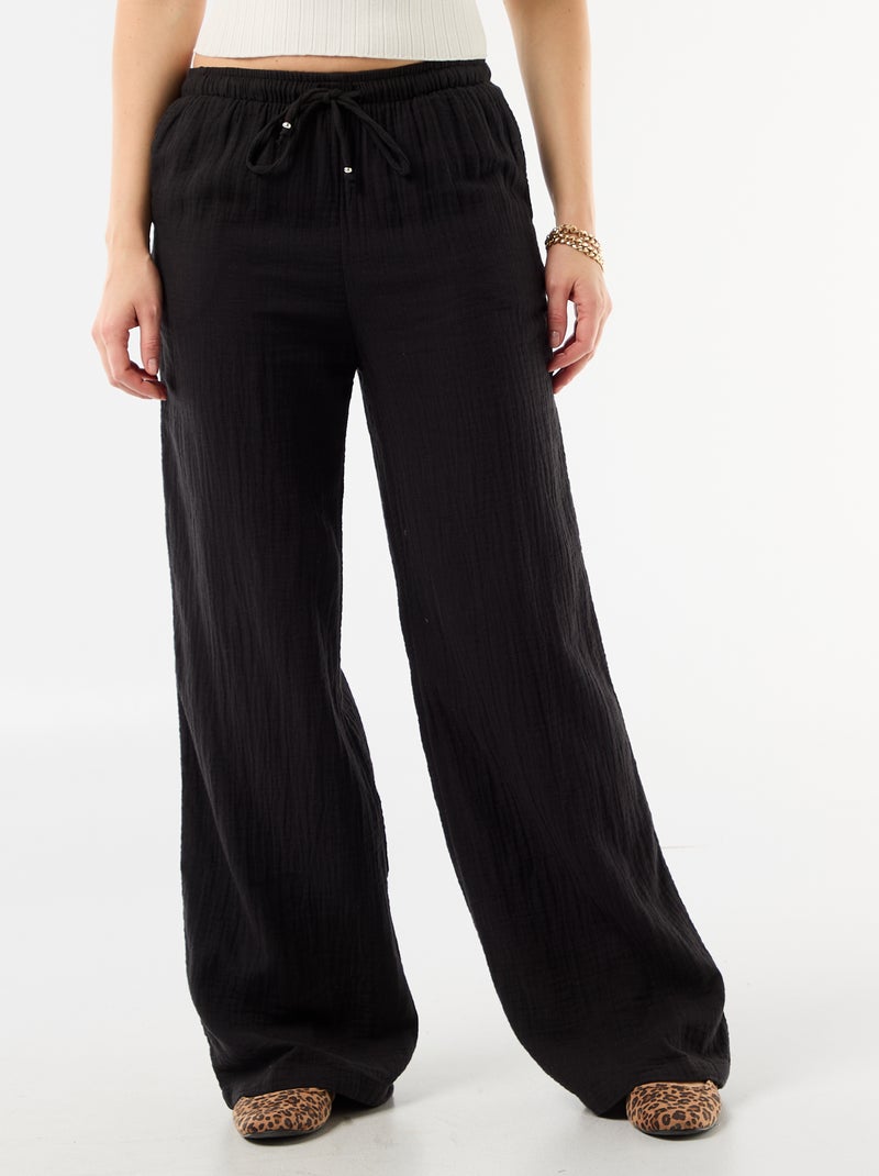 Pantalon large en gaze de coton Noir - Kiabi