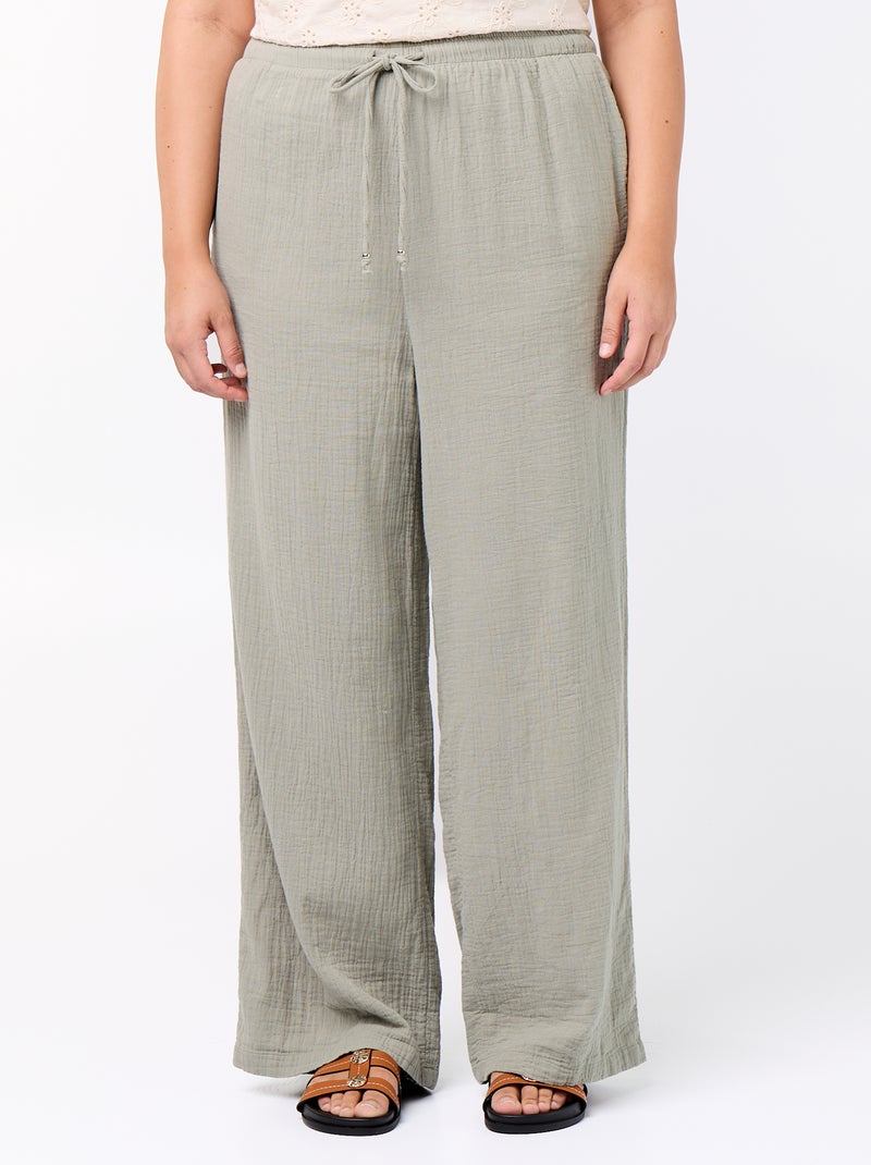 Pantalon large en gaze de coton Vert - Kiabi