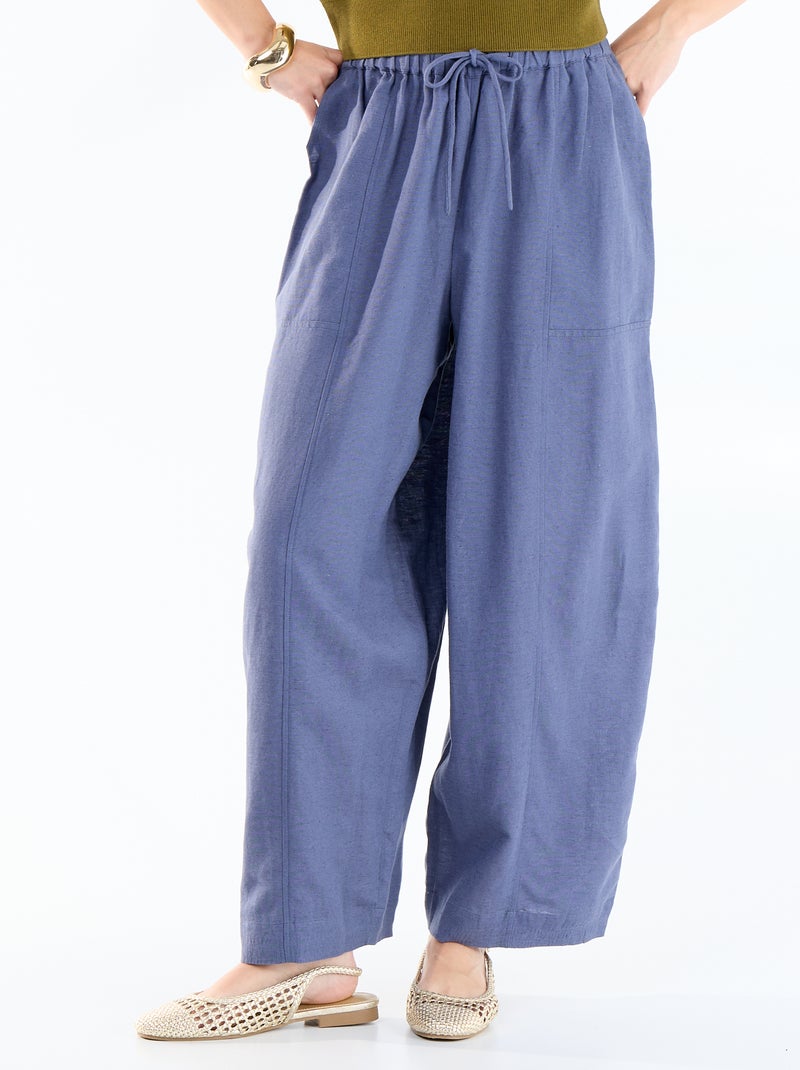 Pantalon large en lin taille haute femme Bleu - Kiabi
