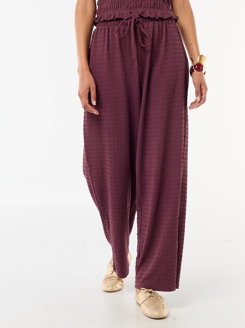 Pantalon large en maille smockée Violet - Kiabi