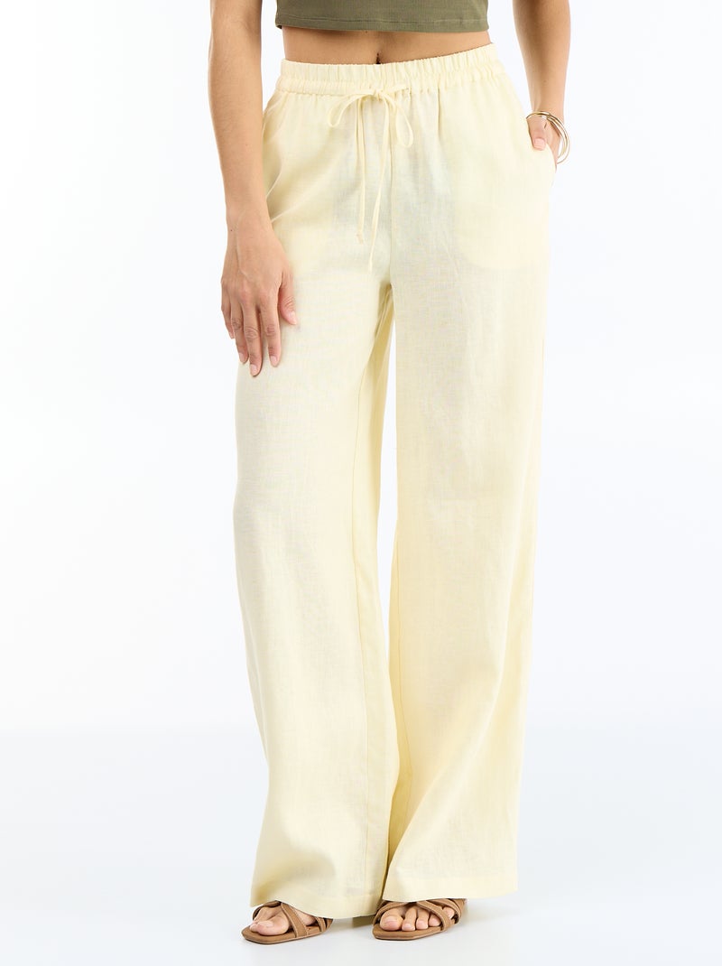 Pantalon large femme en 100% lin Jaune - Kiabi