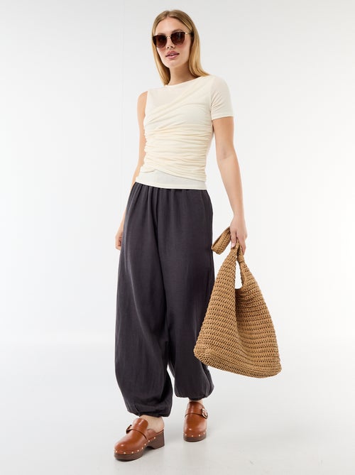 Pantalon large uni ceinture élastiquée - Kiabi