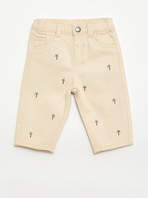 Pantalon paperbag brodé all-over en twill de coton - Kiabi