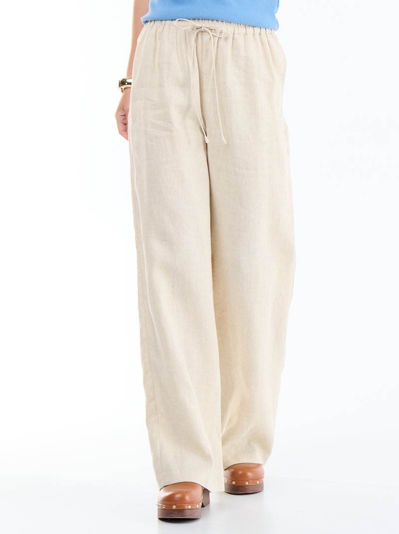 Pantalon uni en lin coupe large Beige - Kiabi