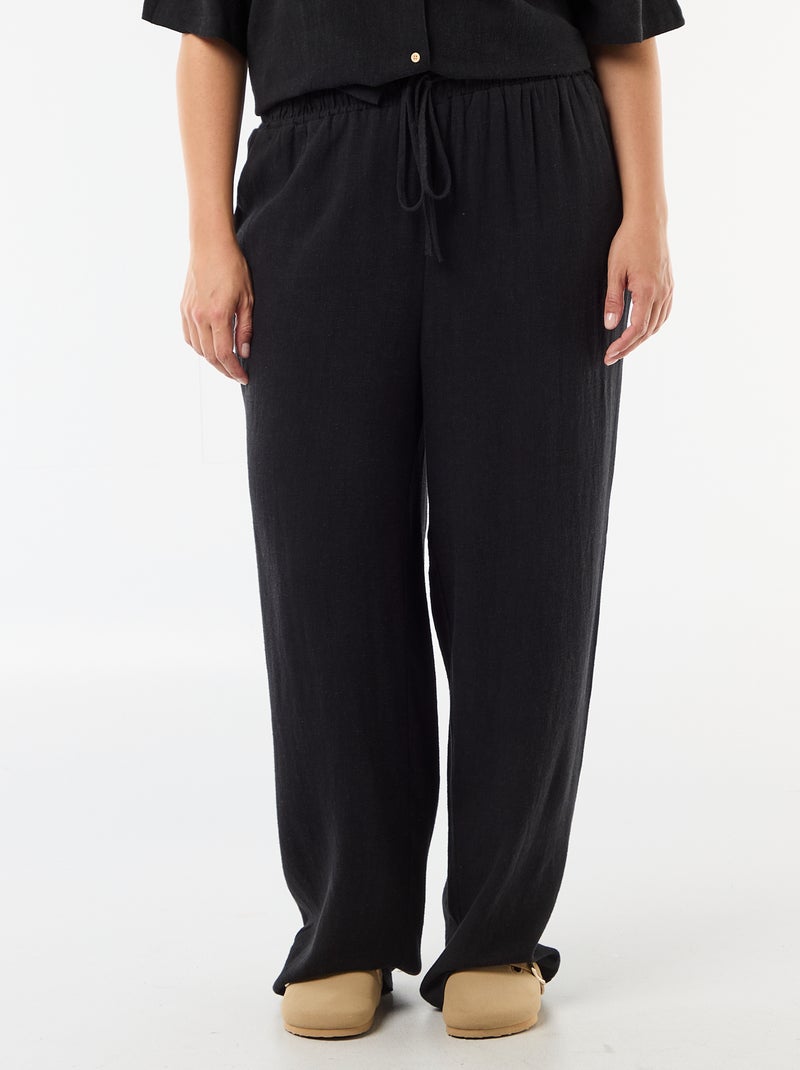Pantalon uni en lin mélangé Noir - Kiabi
