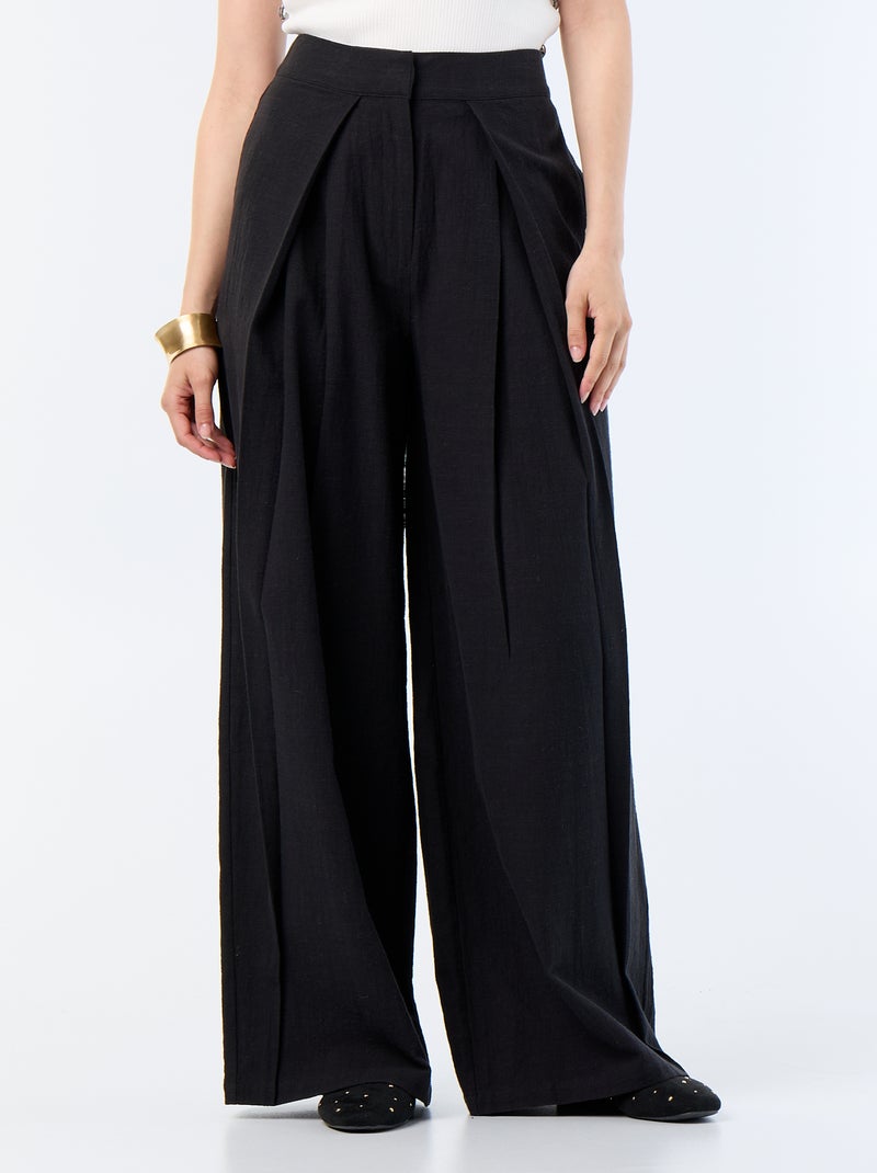 Pantalon wide leg en lin mélangé Noir - Kiabi