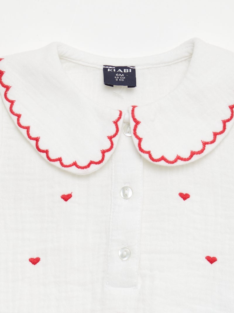 Peter Pan Collar Blouse with 'Heart' Embroidery White - Kiabi