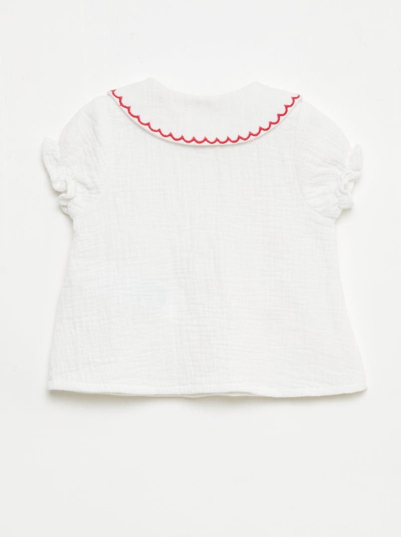 Peter Pan Collar Blouse with 'Heart' Embroidery White - Kiabi