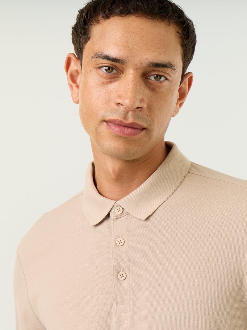 Piqué Knit Long-Sleeved Polo Shirt Beige - Kiabi