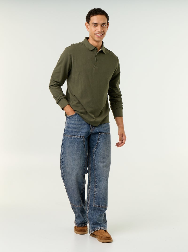 Piqué Knit Long-Sleeved Polo Shirt Green - Kiabi