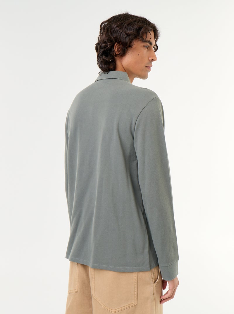Piqué Knit Long-Sleeved Polo Shirt Green - Kiabi