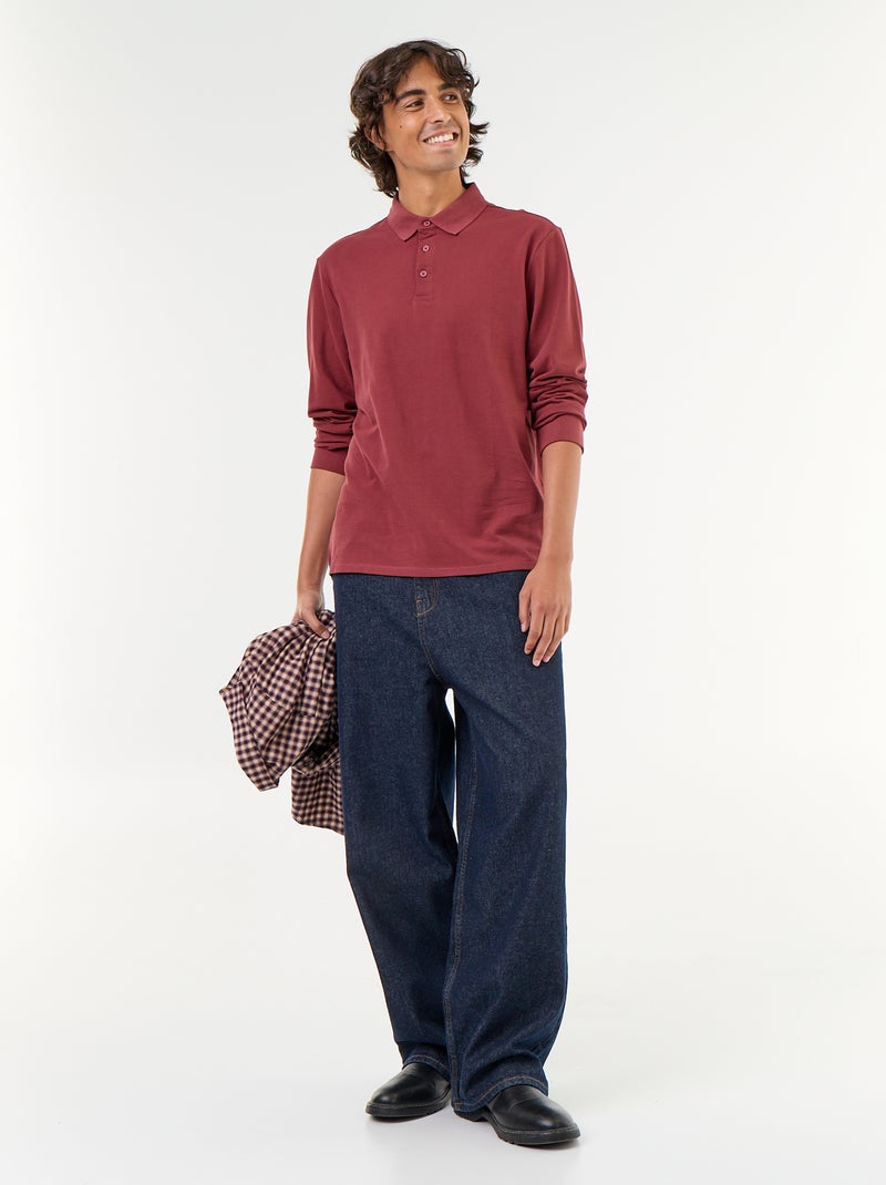 Piqué Knit Long-Sleeved Polo Shirt Red - Kiabi