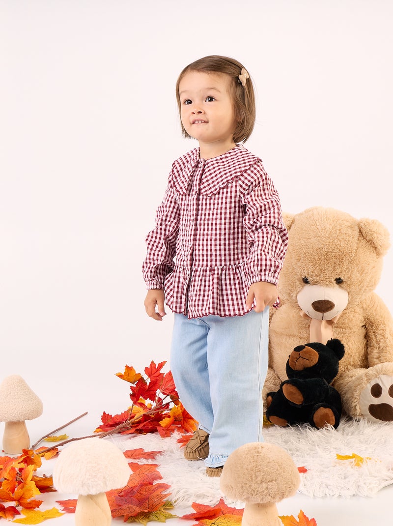 Plaid Cotton Voile Blouse with Fancy Collar Burgundy - Kiabi