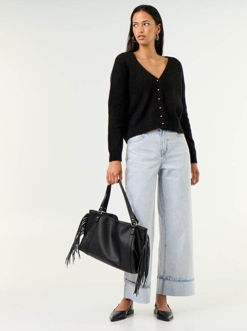 Plain button-up chunky knit cardigan Black - Kiabi