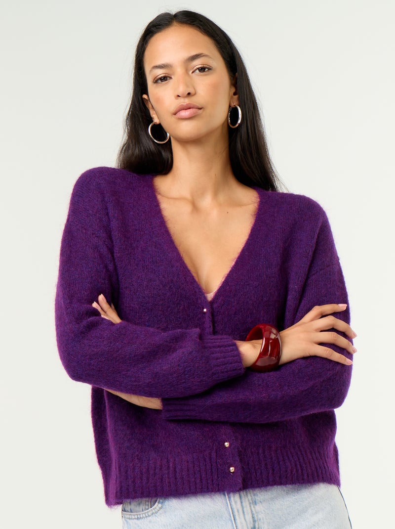 Plain button-up chunky knit cardigan Purple - Kiabi
