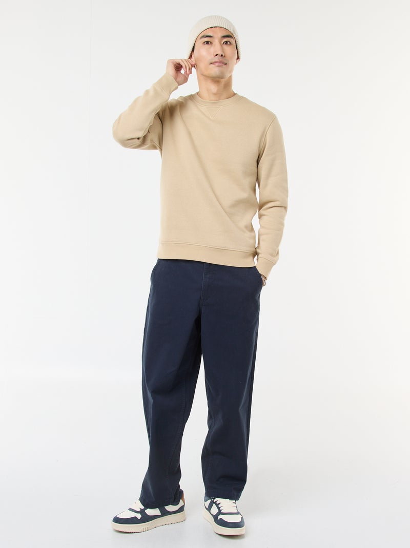 Plain Crew Neck Sweatshirt in Brushed Fleece Beige - Kiabi