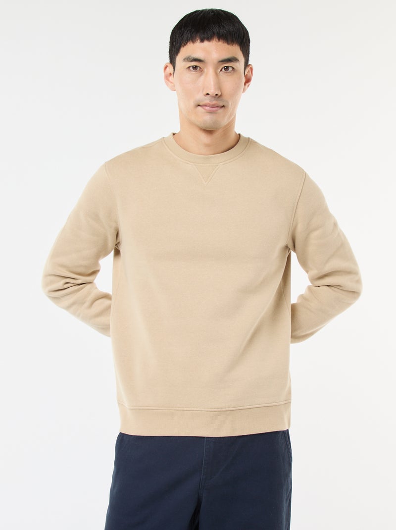 Plain Crew Neck Sweatshirt in Brushed Fleece Beige - Kiabi