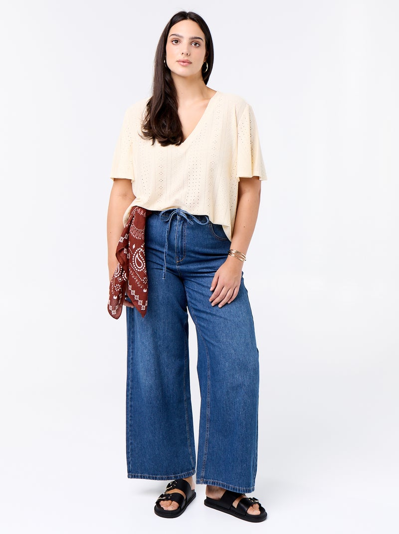 Plain pointelle knit t-shirt Beige - Kiabi