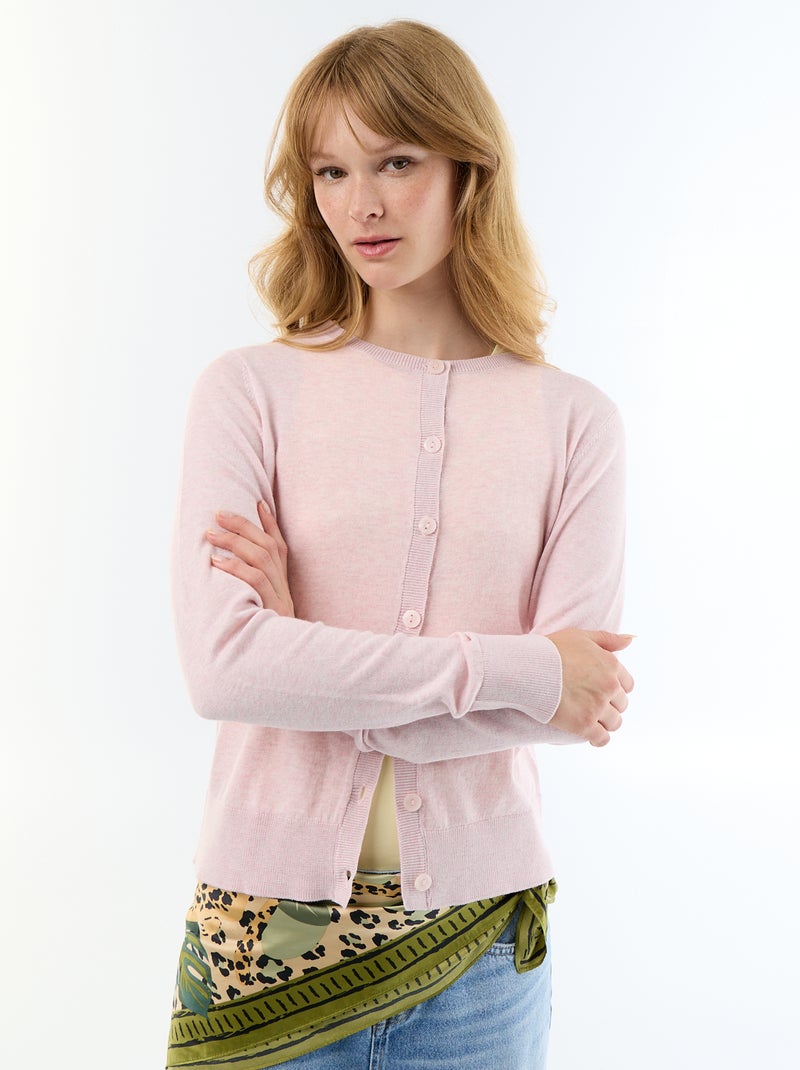 Plain Round Neck Cardigan Pink - Kiabi